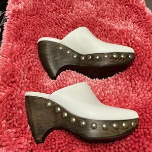 Alaia White Leather Studded Wooden Clog Mules